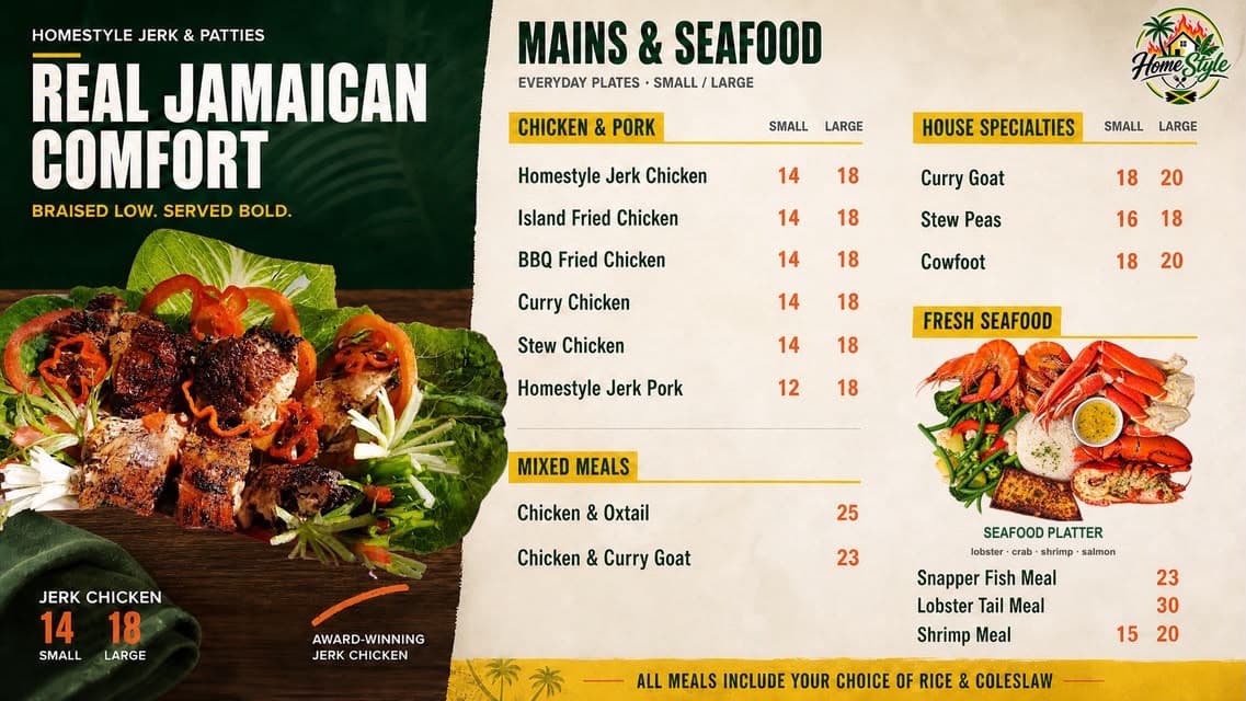 HomeStyle: Mains and seafood menu board