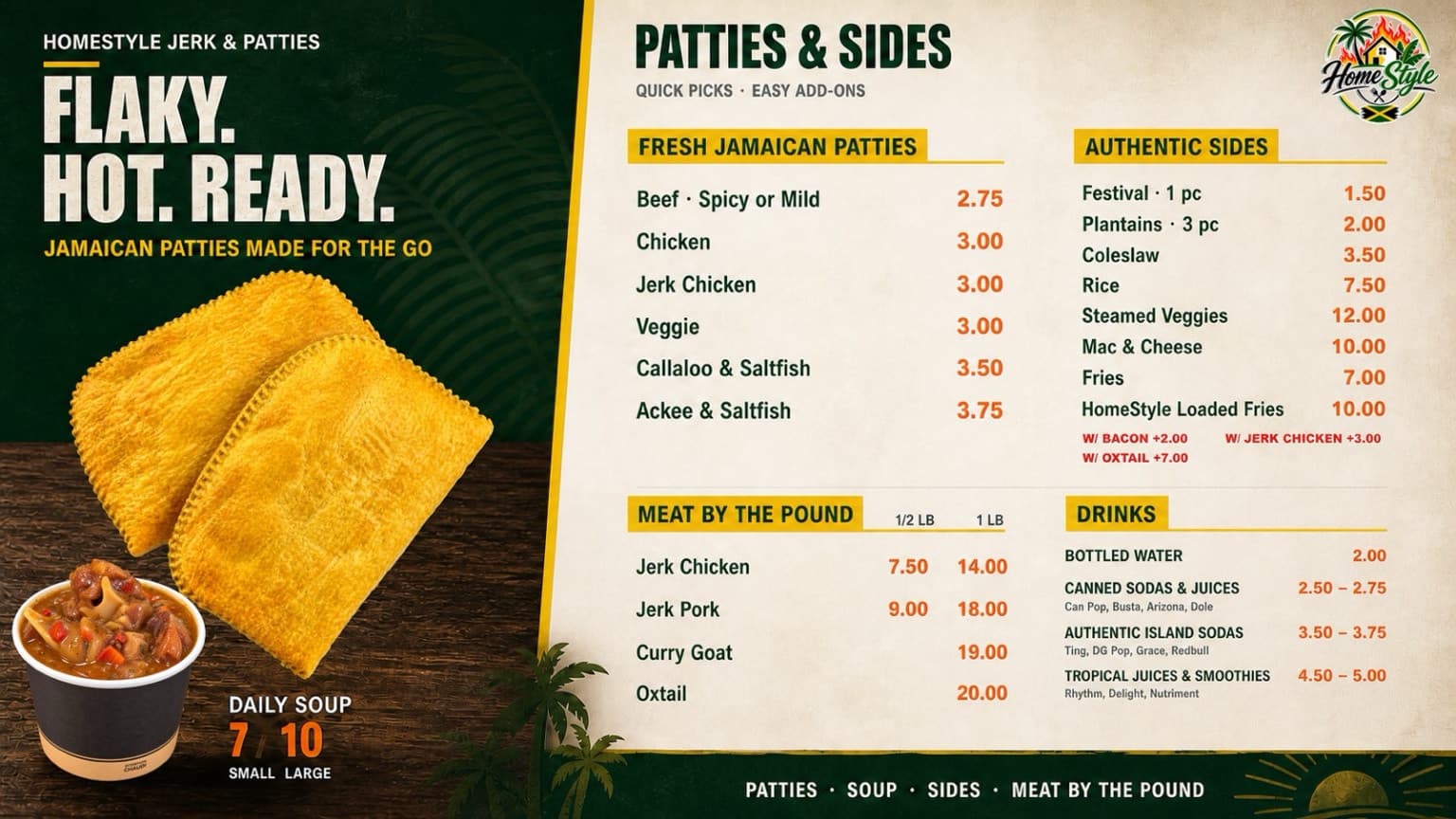 HomeStyle: Patties, sides and drinks menu board