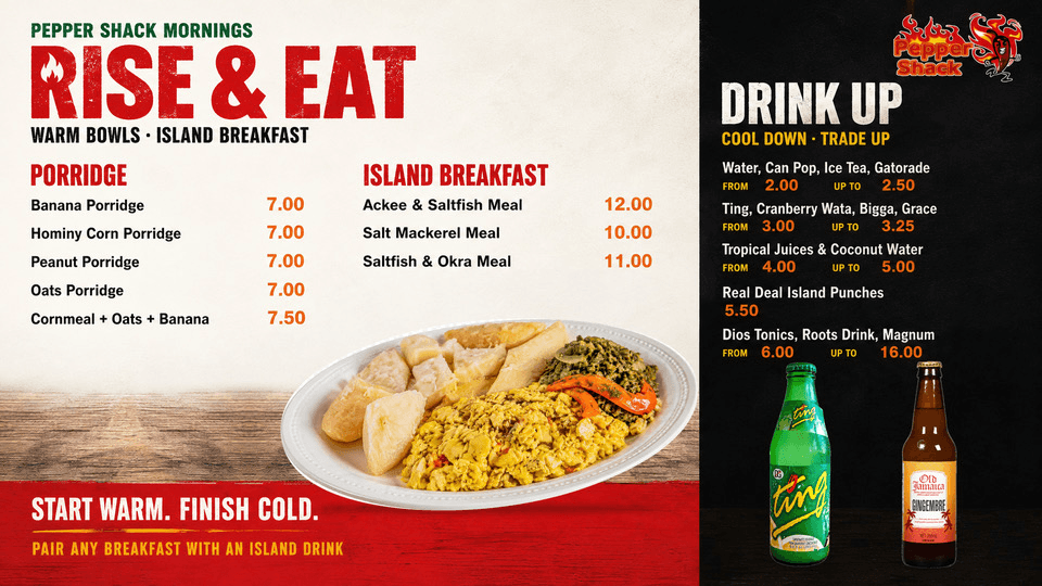 Pepper Shack: Breakfast and drinks menu board