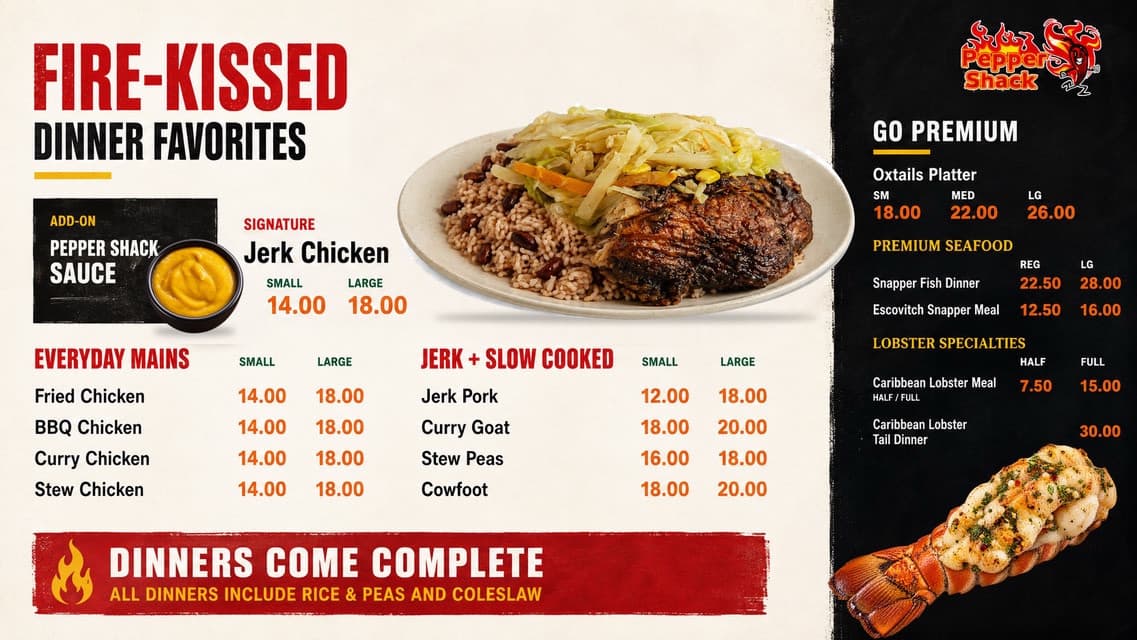 Pepper Shack: Dinner favorites menu board
