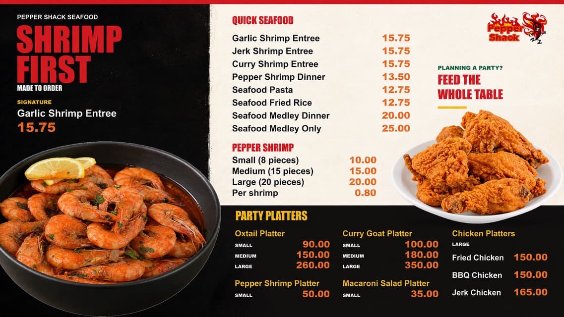 Pepper Shack: Seafood and party platters menu board