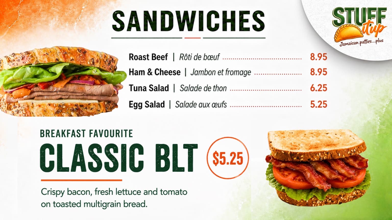 Stuff It Up: Sandwiches and Classic BLT menu board