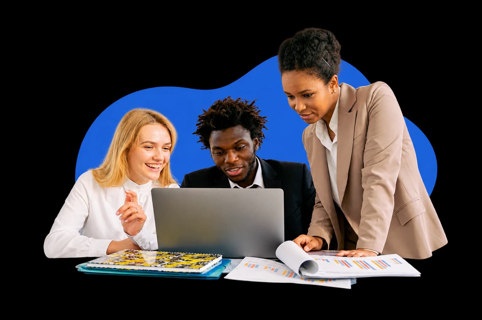 Three colleagues collaborating around a laptop, with a blue shape behind them