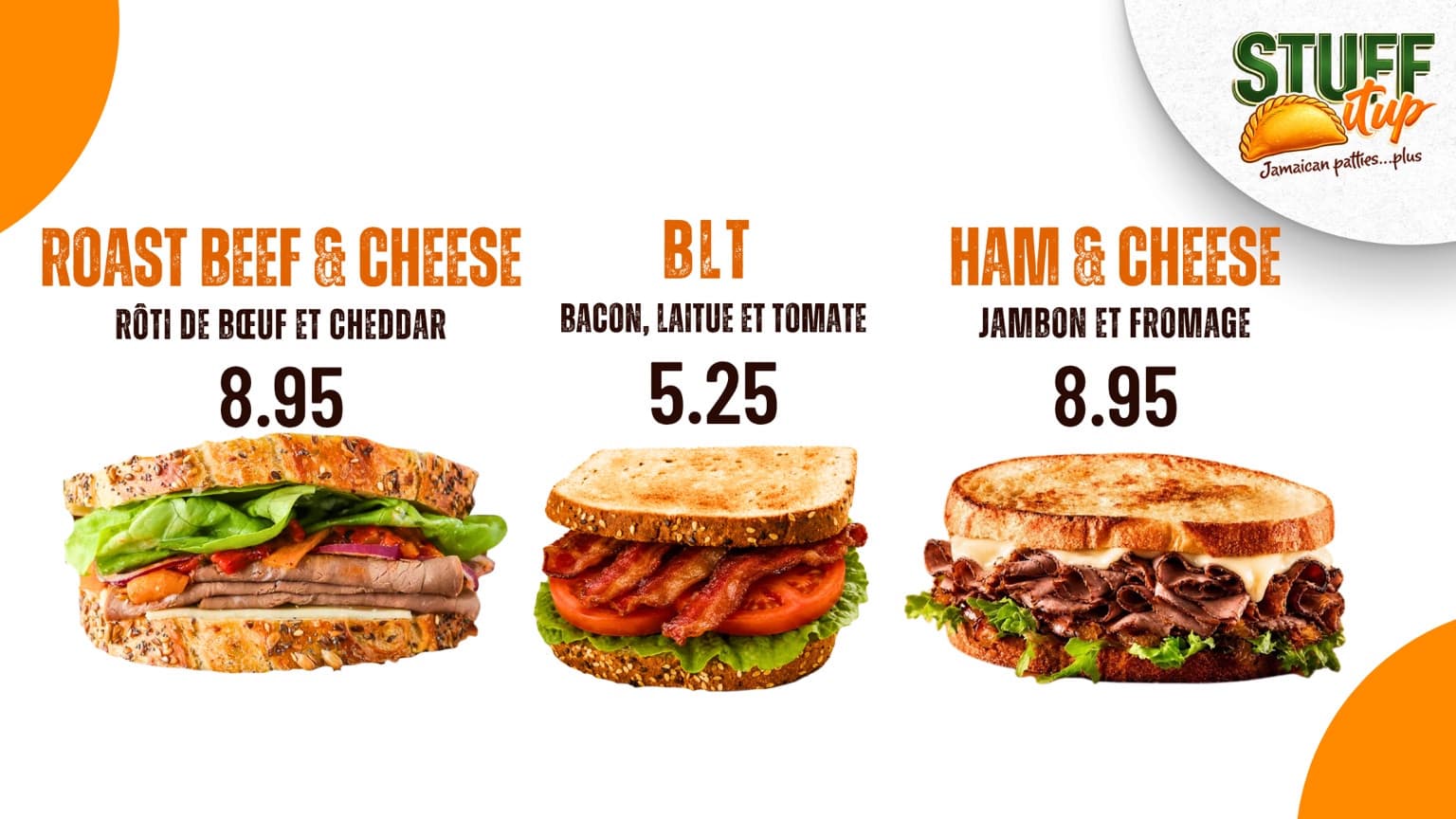 Stuff It Up supplied artwork featuring roast beef and cheese, BLT and ham and cheese sandwiches.